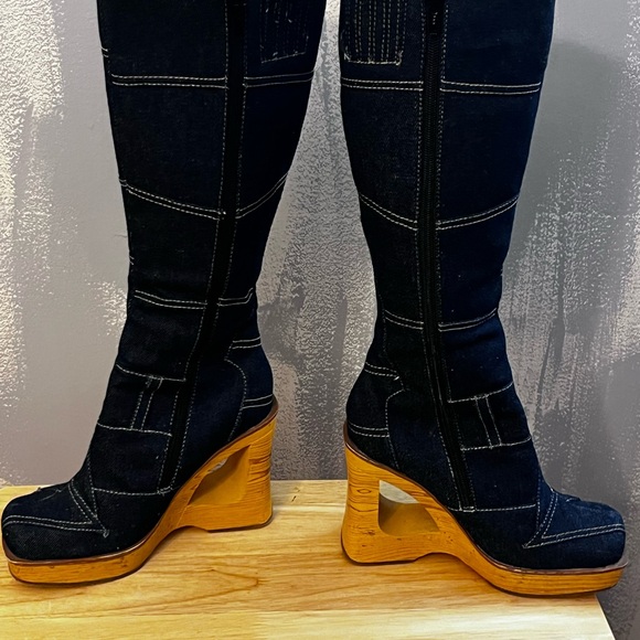 Vintage Splash Patchwork Denim Platform Wedge Boots. Y2K Statement.  Size 7 - Picture 13 of 14